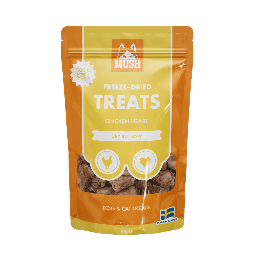 MUSH Treats Frysetørket Kyllinghjerte – Smakfulle og næringsrike godbiter for hund og katt 🐾 | Pawesomeday.no