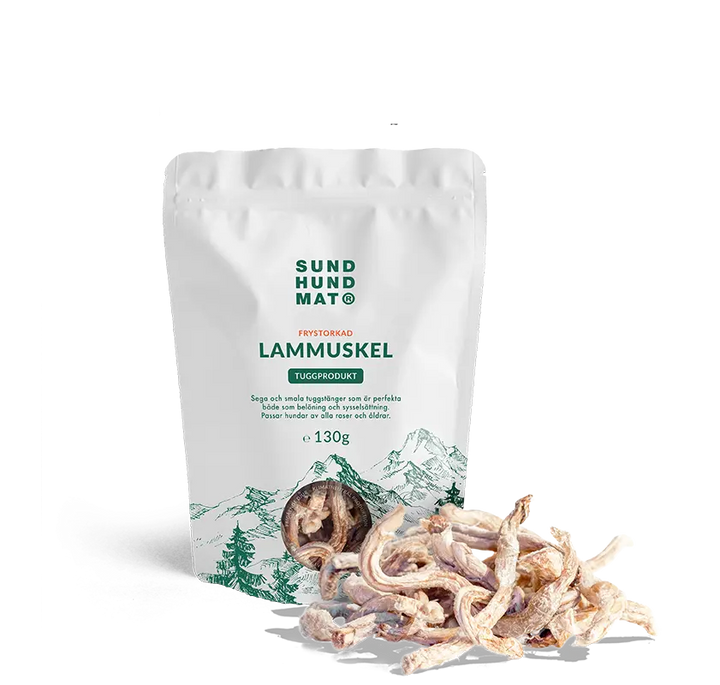 Pose med frysetørket lammemuskel 130 g fra Sund Hundmat