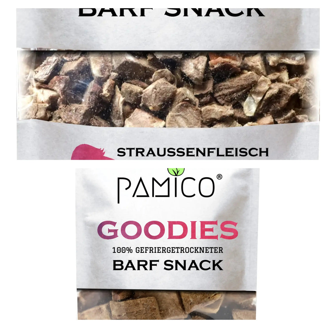 Pamico smakspakke: Frysetørkede- strutsekjøtt + hestehjerter  |  Pawesomeday.no