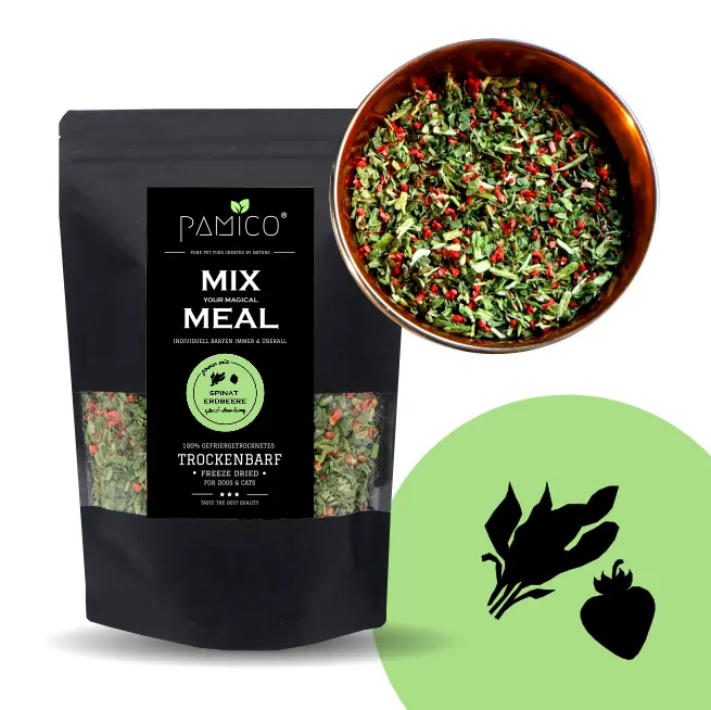 Frysetørket spinat og jordbær | Grønnsakskomponent til hund og katt | Pamico  |  Pawesomeday.no