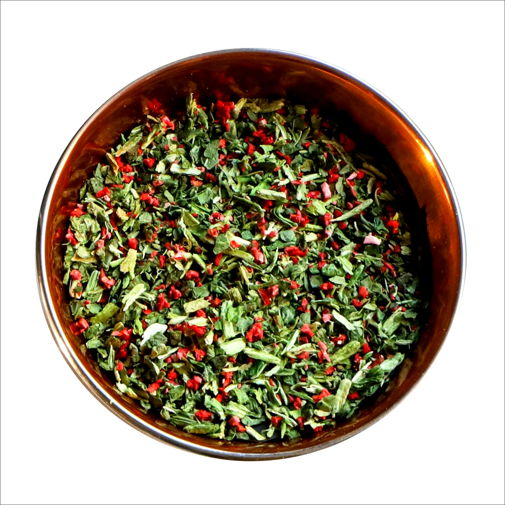 Frysetørket spinat og jordbær | Grønnsakskomponent til hund og katt | Pamico  |  Pawesomeday.no