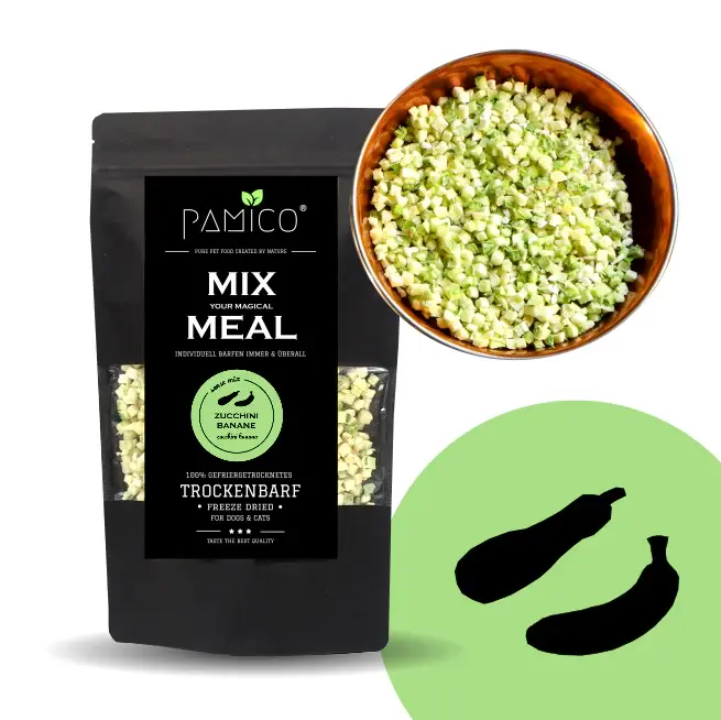 Frysetørket zucchini og banan | Grønnsakskomponent til hund og katt | Pamico  |  Pawesomeday.no
