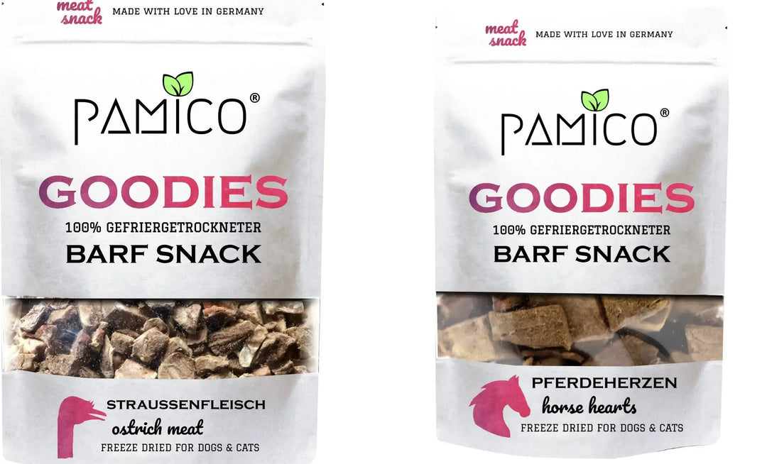 Pamico smakspakke: Frysetørkede- strutsekjøtt + hestehjerter  |  Pawesomeday.no